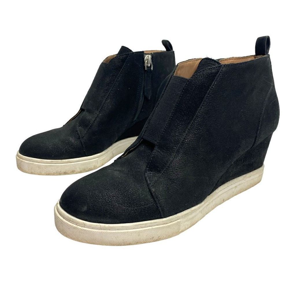 Linea Paolo Felicia Perforated Black Leather Wedge Sneakers Black Metallic Size